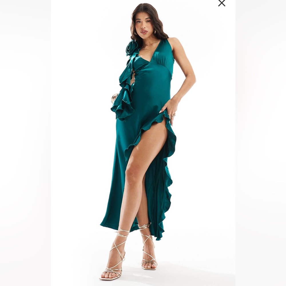 Satin Emerald Green plunge maxi dress with corsage